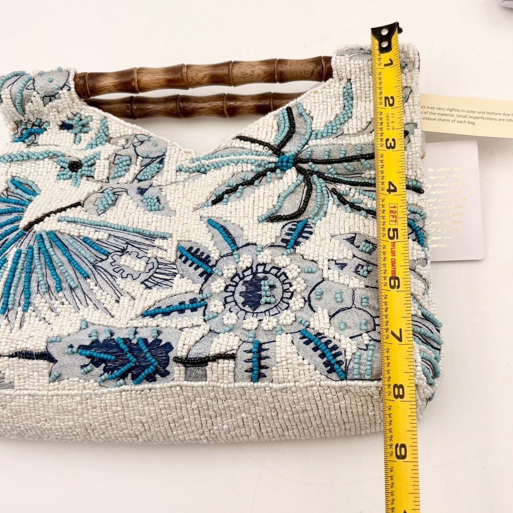 Artisan Hand Beaded Floral Bamboo Handle Bag Blue White Tropical Satchel NWT - Picture 7 of 7